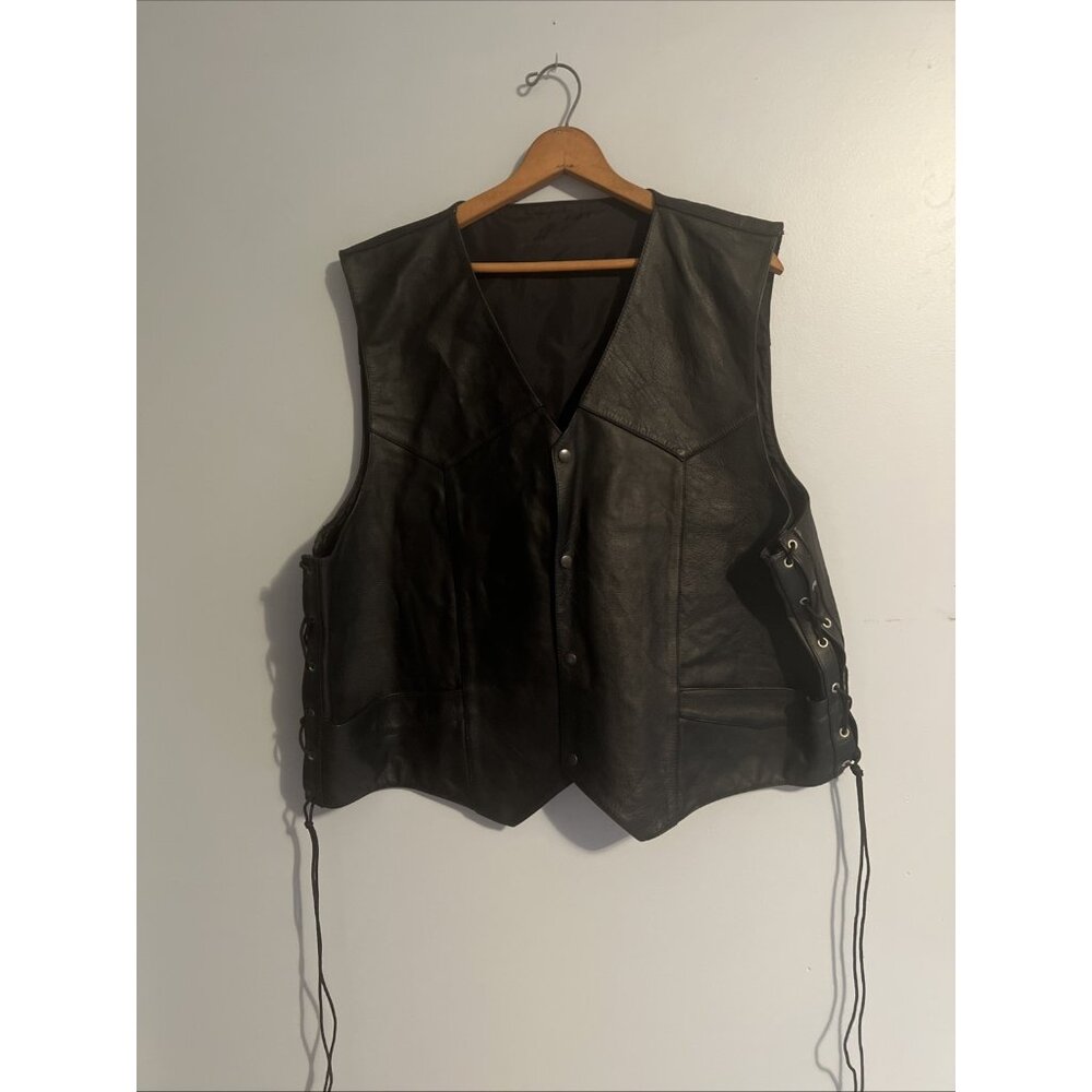 Custom Genuine Leather Vest Mens 3XL Black Biker Motorcycle Riding Adjustable